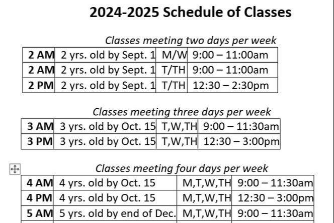 2024-25 Class Schedules - Individual Growth in a Shared Environment